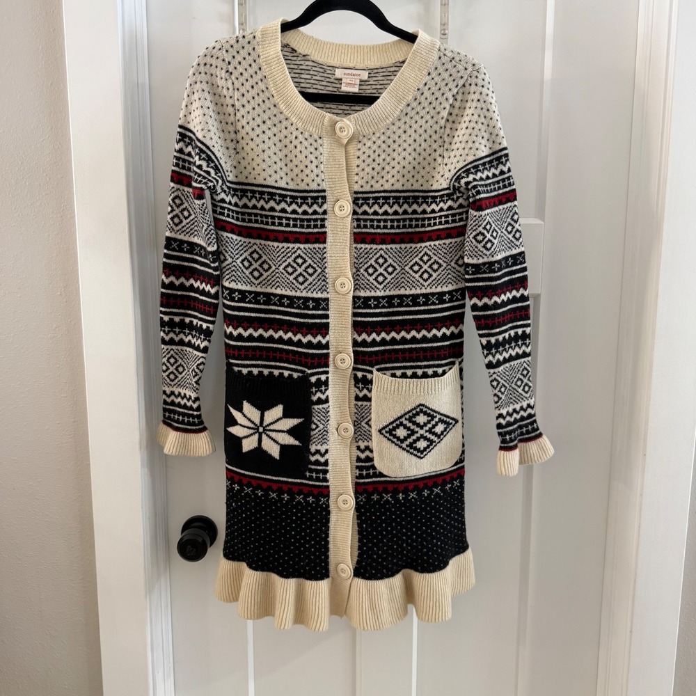 Sundance Fair Isle Nordic Print Lambswool Blend Cardigan Sweater Dress XS